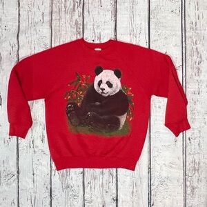 Vintage 80s Panda Bear Red Animal Print Crewneck Pullover 1980s Sweatshirt